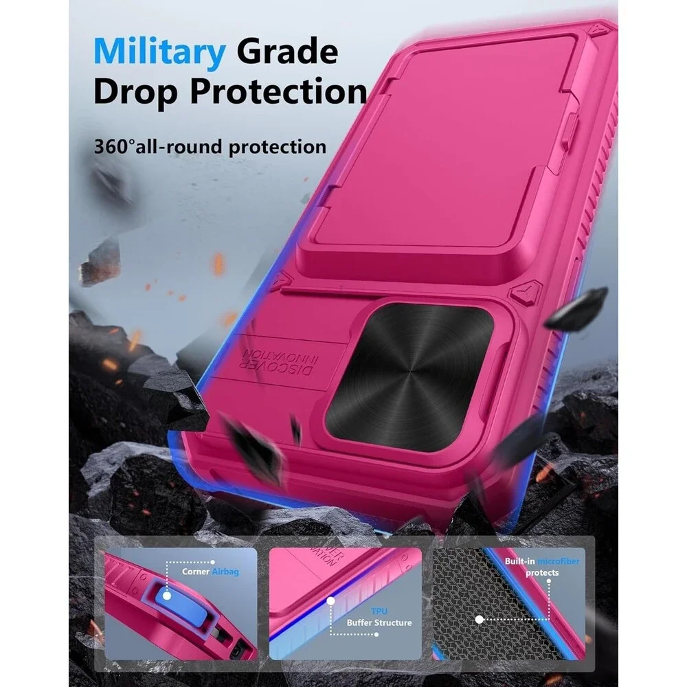 iPhone 15 Pro Max Wallet Case - Sliding Camera Cover - Military Grade - Hot Pink